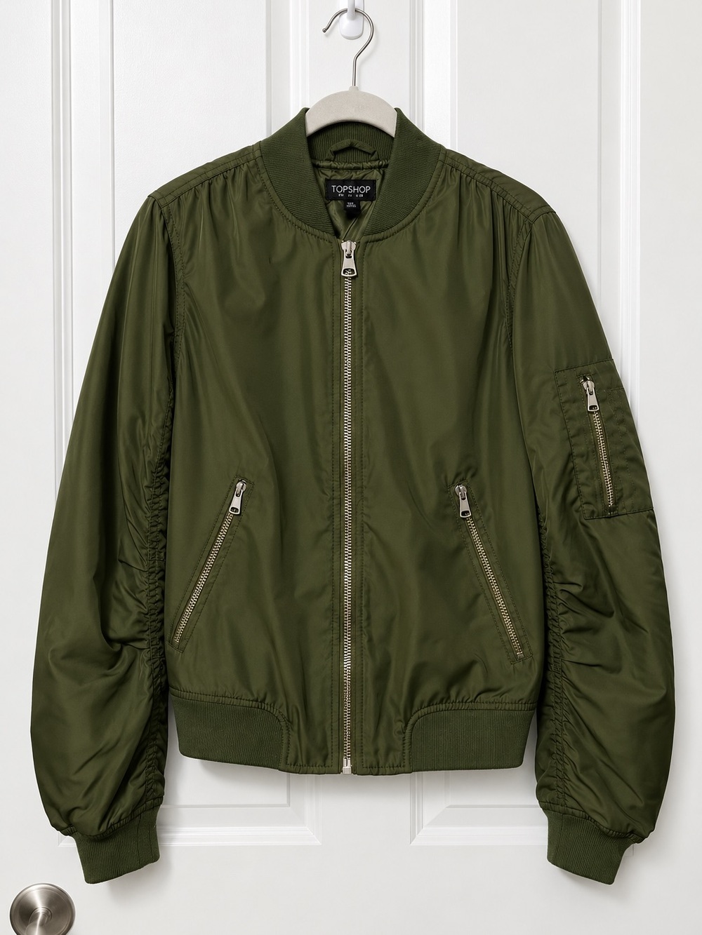 Topshop Olive Green Classic Bomber Jacket Size US 4 / EUR 36 Like New